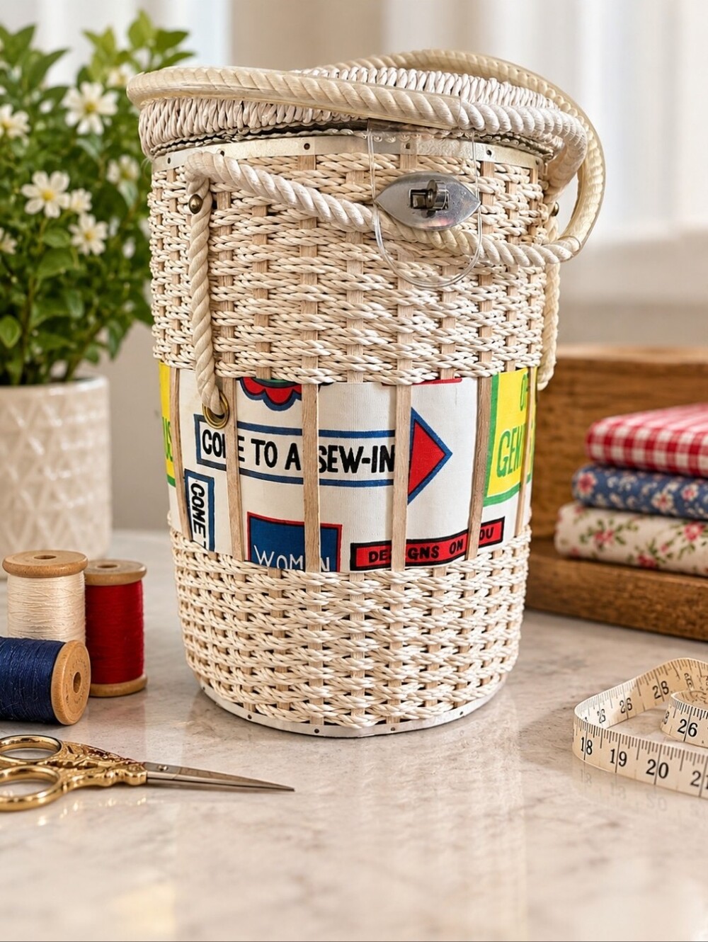 Japanese-Made Woven Cream Rope-Handle Sewing Basket Exclusively Made For Singer